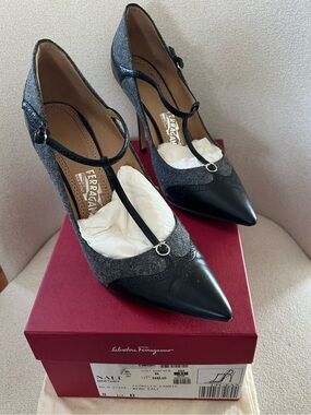 Salvatore Ferragamo Black and Gray T‑Strap Pointed Toe Pumps